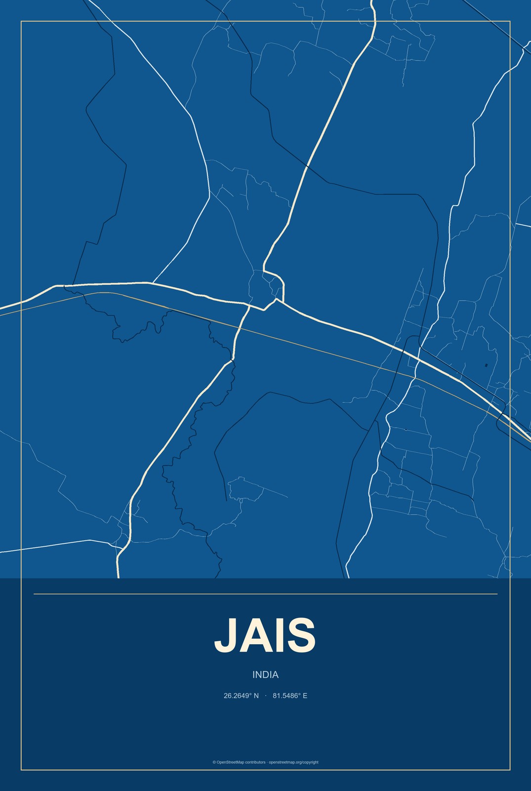 Jais, India City Map Aluminum Sign in Harbor Cobalt style