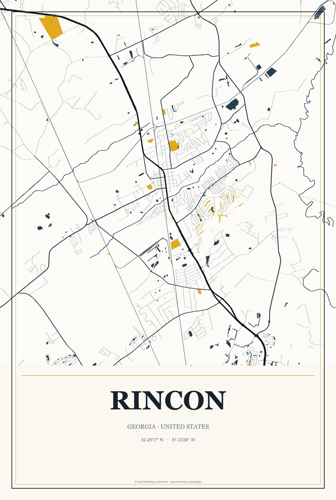 Rincon, Georgia City Map Aluminum Sign in Citrine Modern style