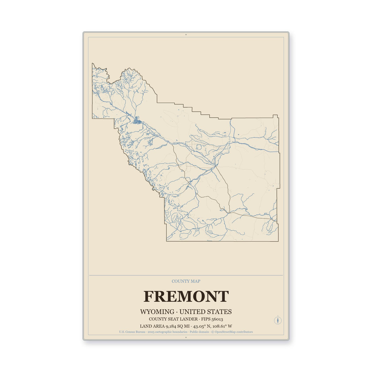 Fremont County, Wyoming Map Aluminum Sign in Heritage Nautical style