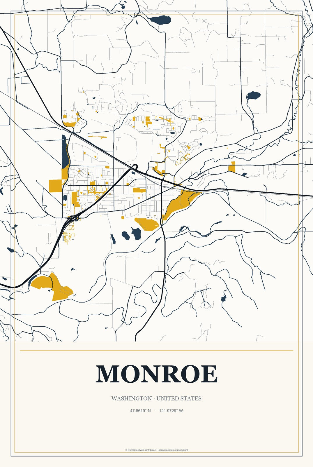 Monroe, Washington City Map Aluminum Sign in Citrine Modern style