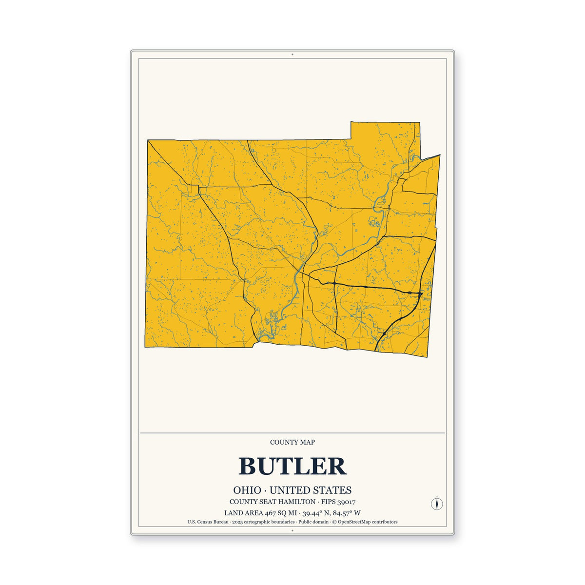 Butler County, Ohio Map Aluminum Sign in Citrine Modern style