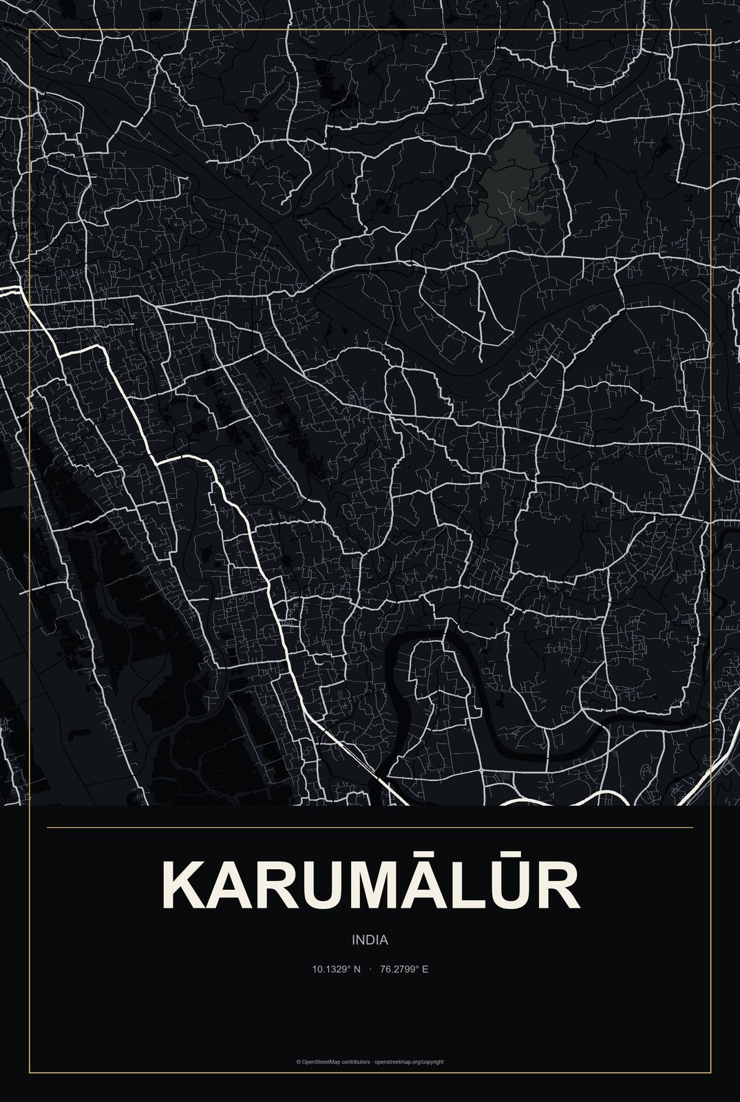 Karumālūr, India City Map Aluminum Sign in Metropolitan Noir style