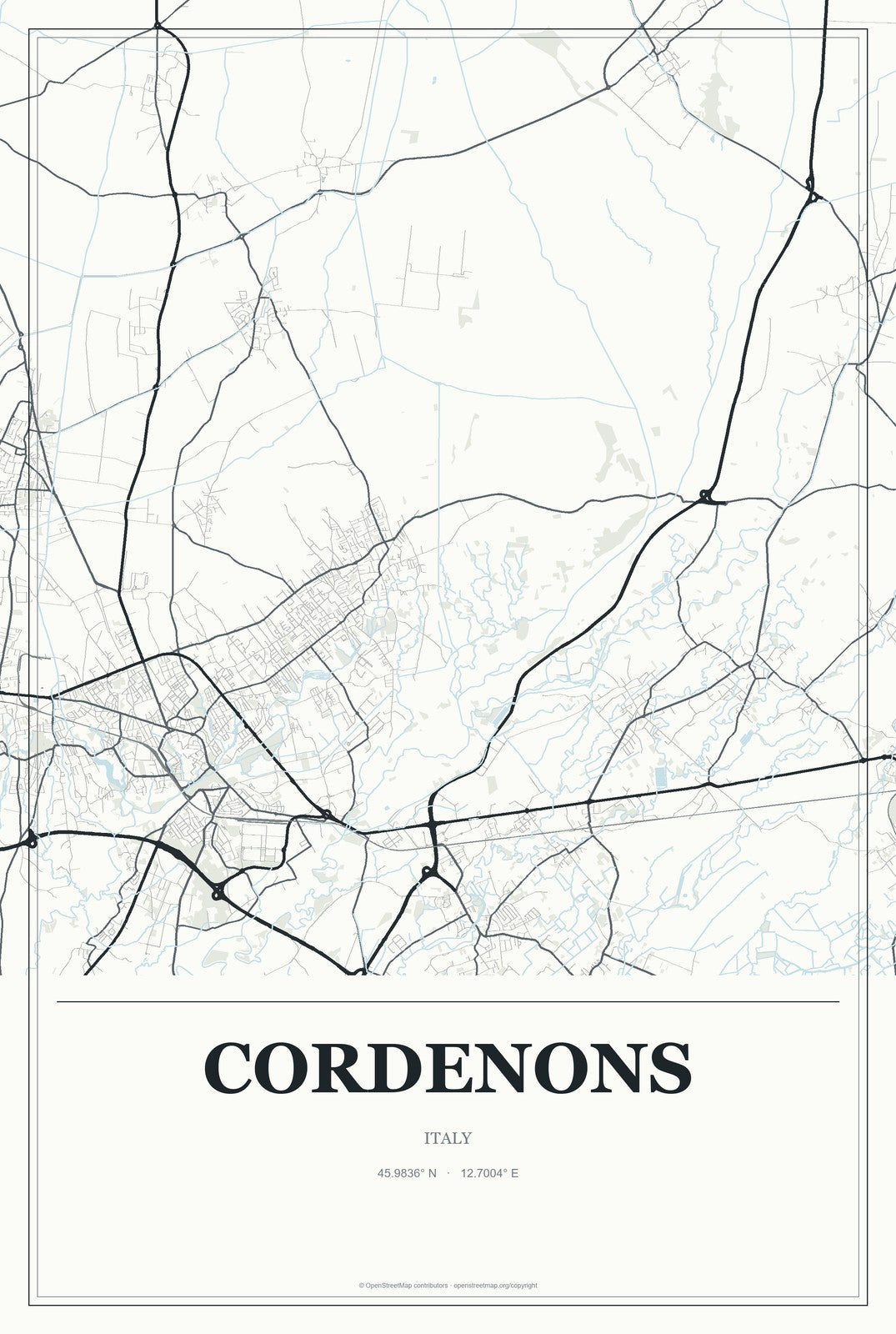 Cordenons, Italy City Map Aluminum Sign in Gallery Air style