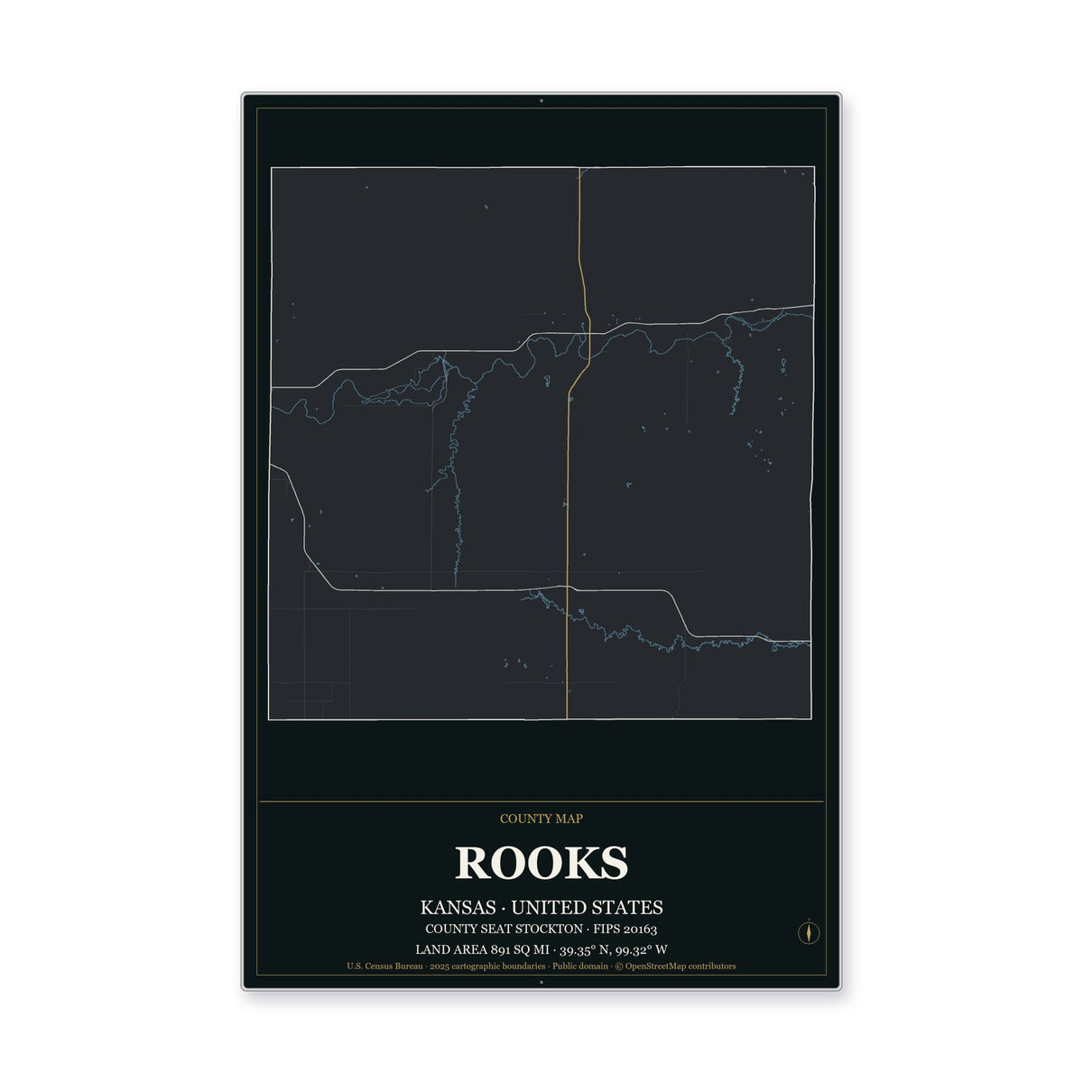 Rooks County, Kansas Map Aluminum Sign in Metropolitan Noir style