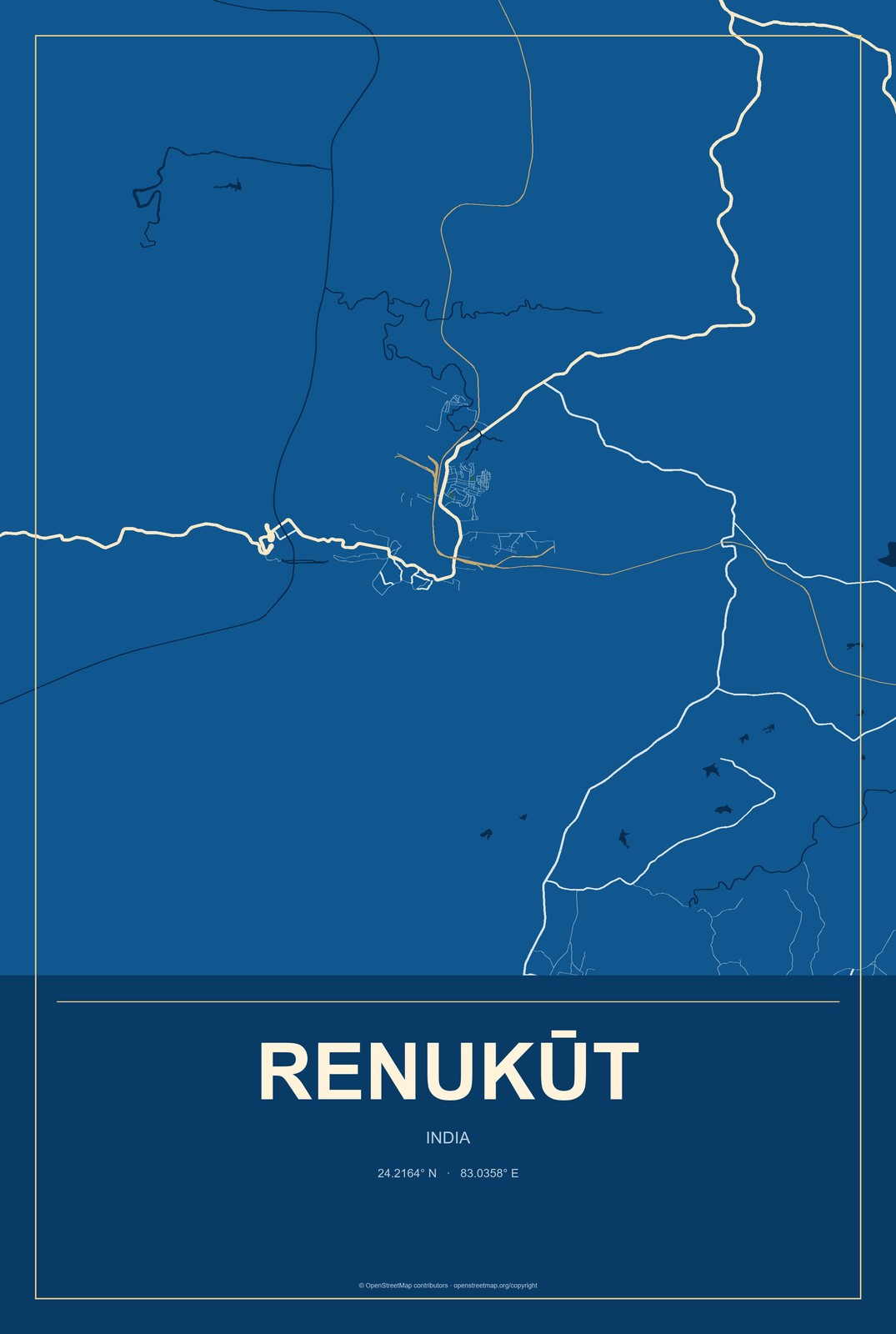 Renukūt, India City Map Aluminum Sign in Harbor Cobalt style