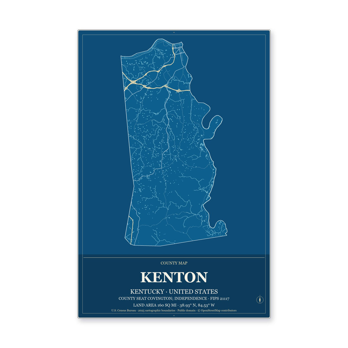 Kenton County, Kentucky Map Aluminum Sign in Harbor Cobalt style