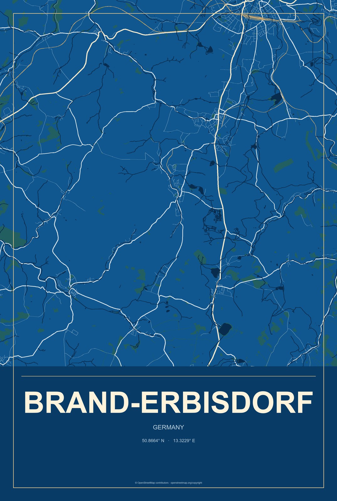 Brand-Erbisdorf, Germany City Map Aluminum Sign in Harbor Cobalt style