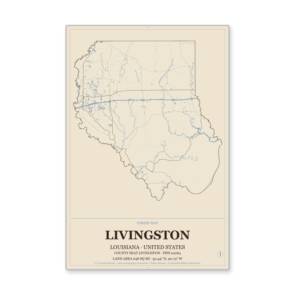 Livingston Parish, Louisiana Map Aluminum Sign in Heritage Nautical style
