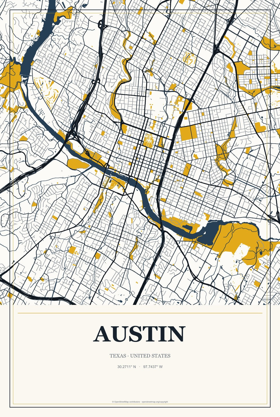 Austin, Texas City Map Aluminum Sign in Citrine Modern style