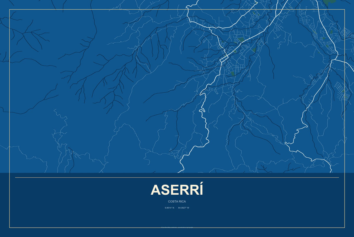 Aserrí, Costa Rica City Map Aluminum Sign in Harbor Cobalt style