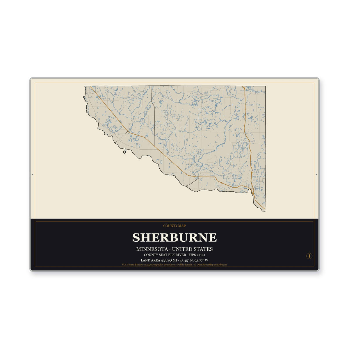 Sherburne County, Minnesota Map Aluminum Sign in Museum Plaque style