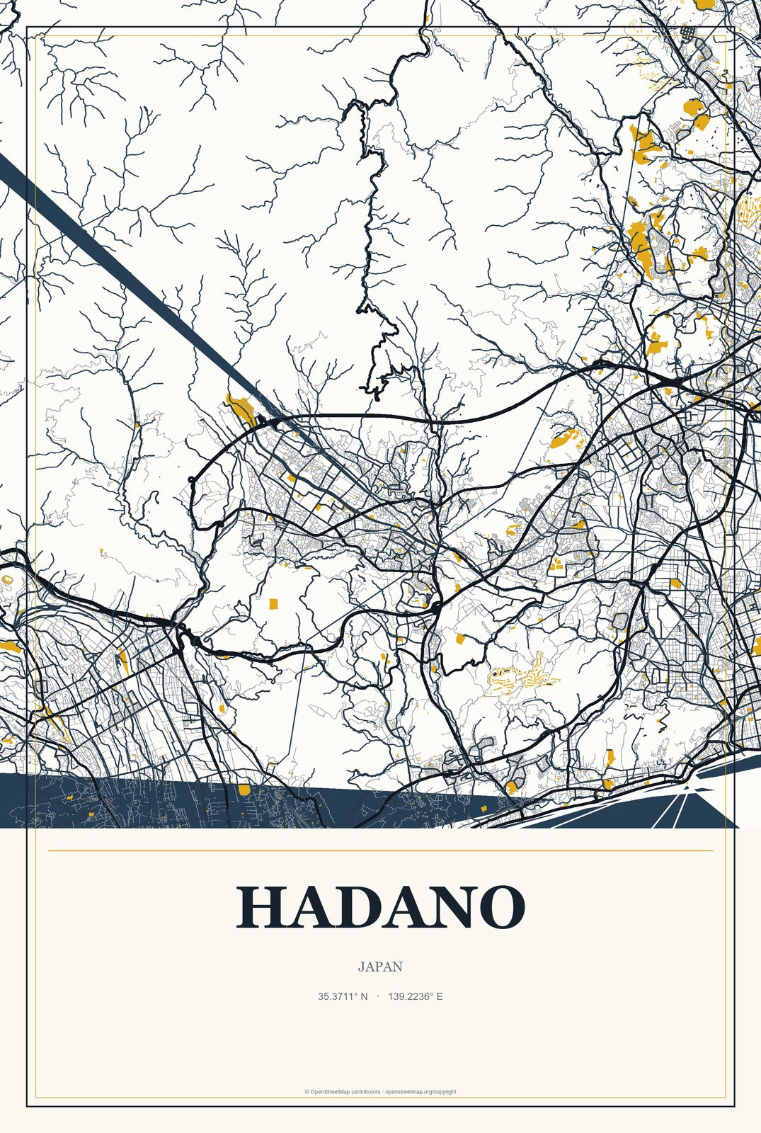 Hadano, Japan City Map Aluminum Sign in Citrine Modern style