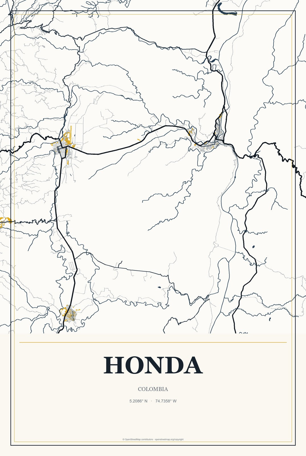 Honda, Colombia City Map Aluminum Sign in Citrine Modern style