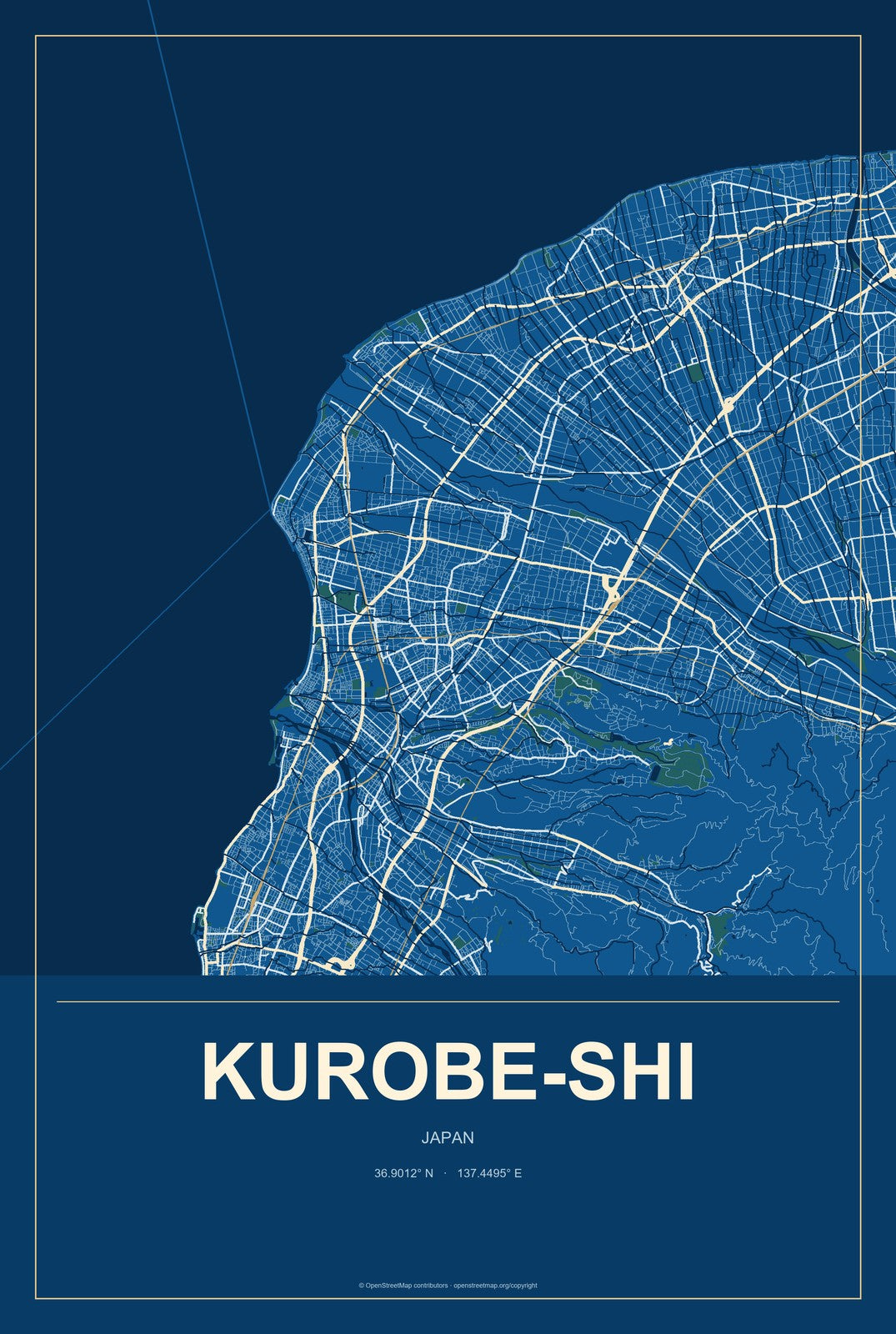 Kurobe-shi, Japan City Map Aluminum Sign in Harbor Cobalt style