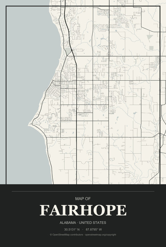 Fairhope, Alabama City Map Aluminum Sign in Museum Plaque style