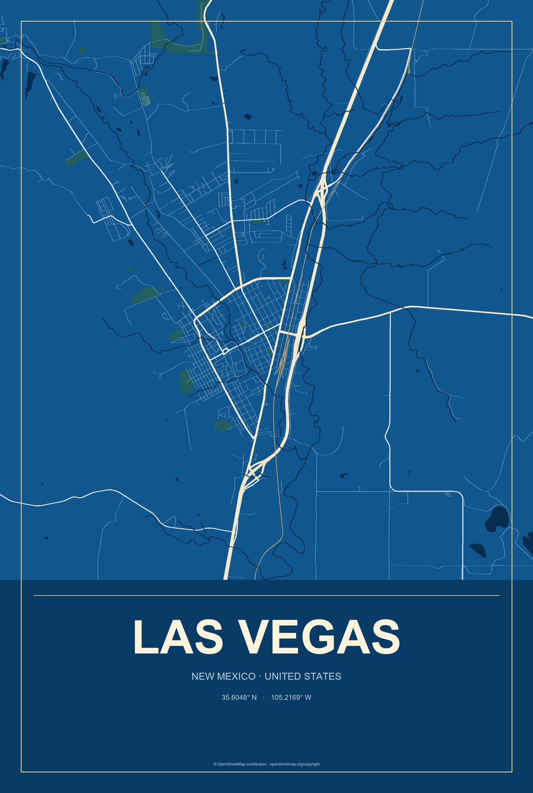 Las Vegas, New Mexico City Map Aluminum Sign in Harbor Cobalt style