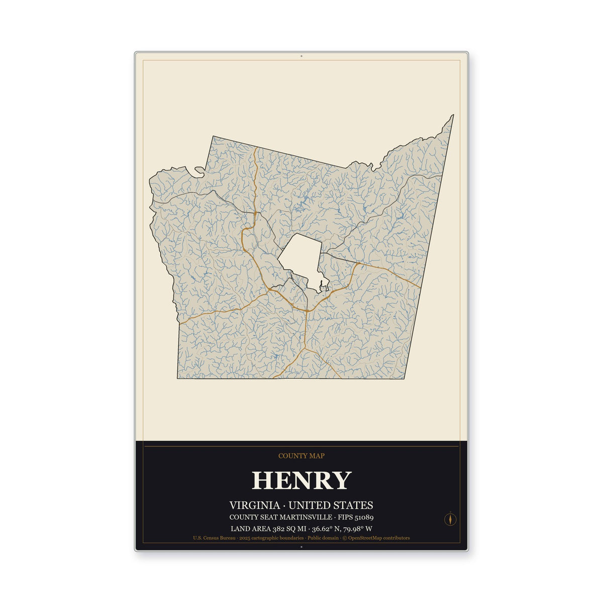 Henry County, Virginia Map Aluminum Sign in Museum Plaque style