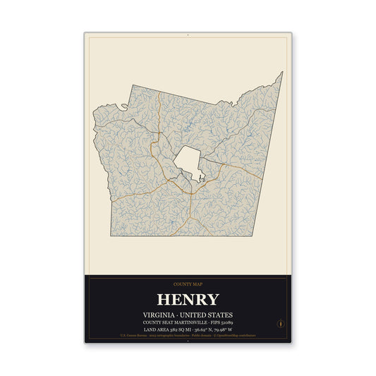 Henry County, Virginia Map Aluminum Sign in Museum Plaque style