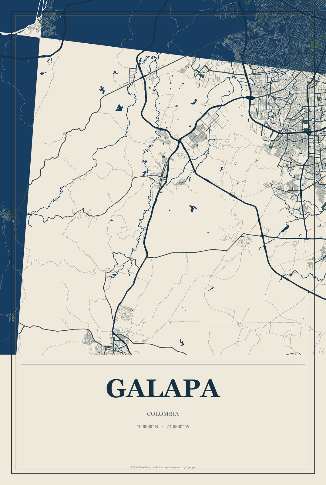 Galapa, Colombia City Map Aluminum Sign in Coastal Cutout style