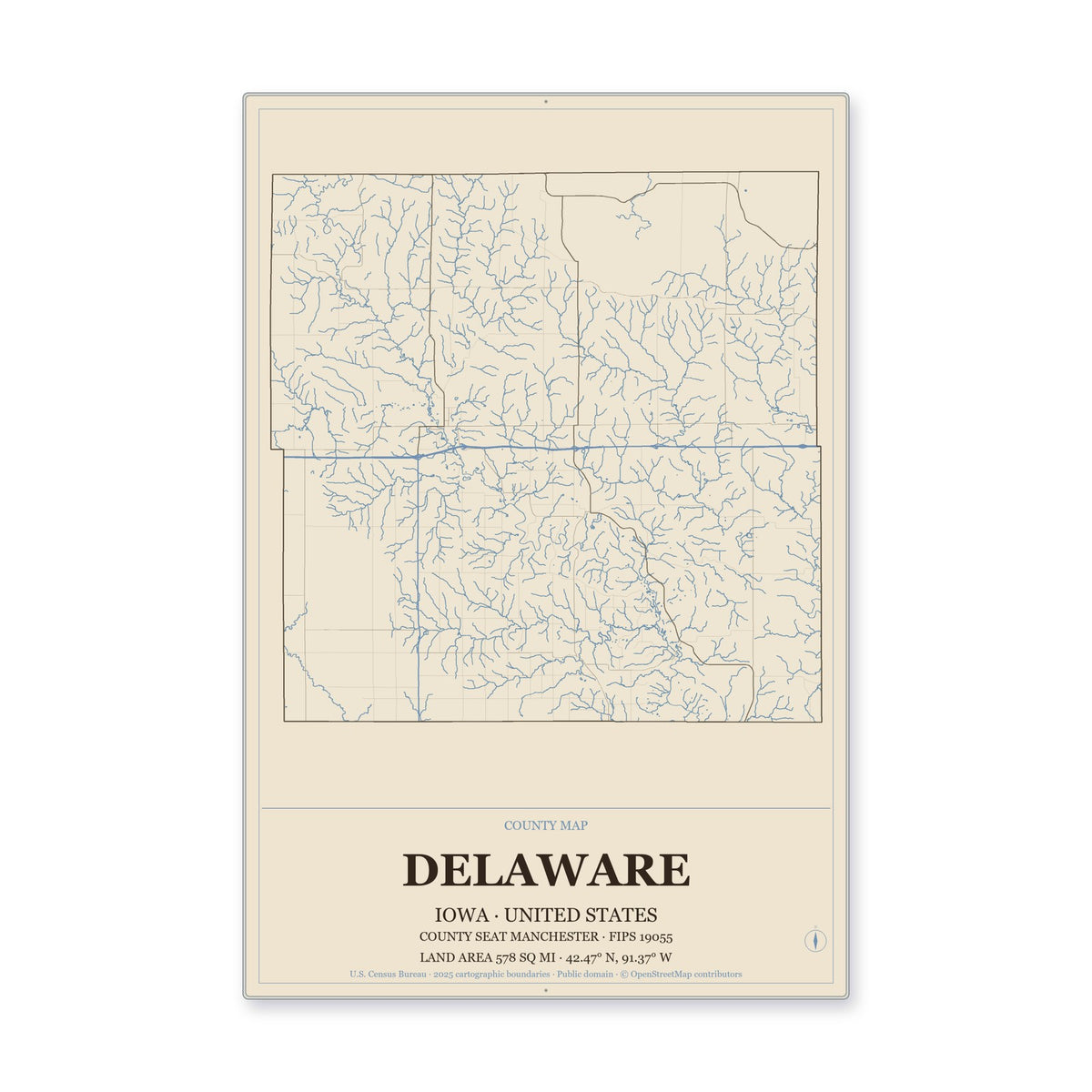 Delaware County, Iowa Map Aluminum Sign in Heritage Nautical style