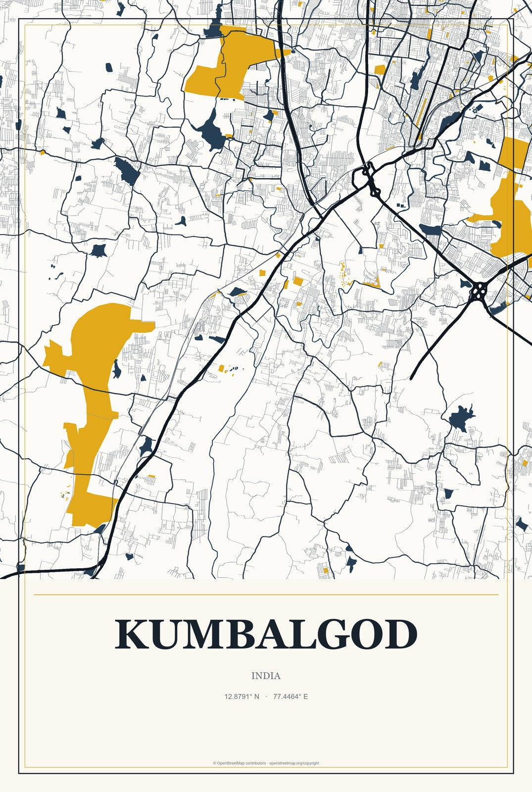 Kumbalgod, India City Map Aluminum Sign in Citrine Modern style