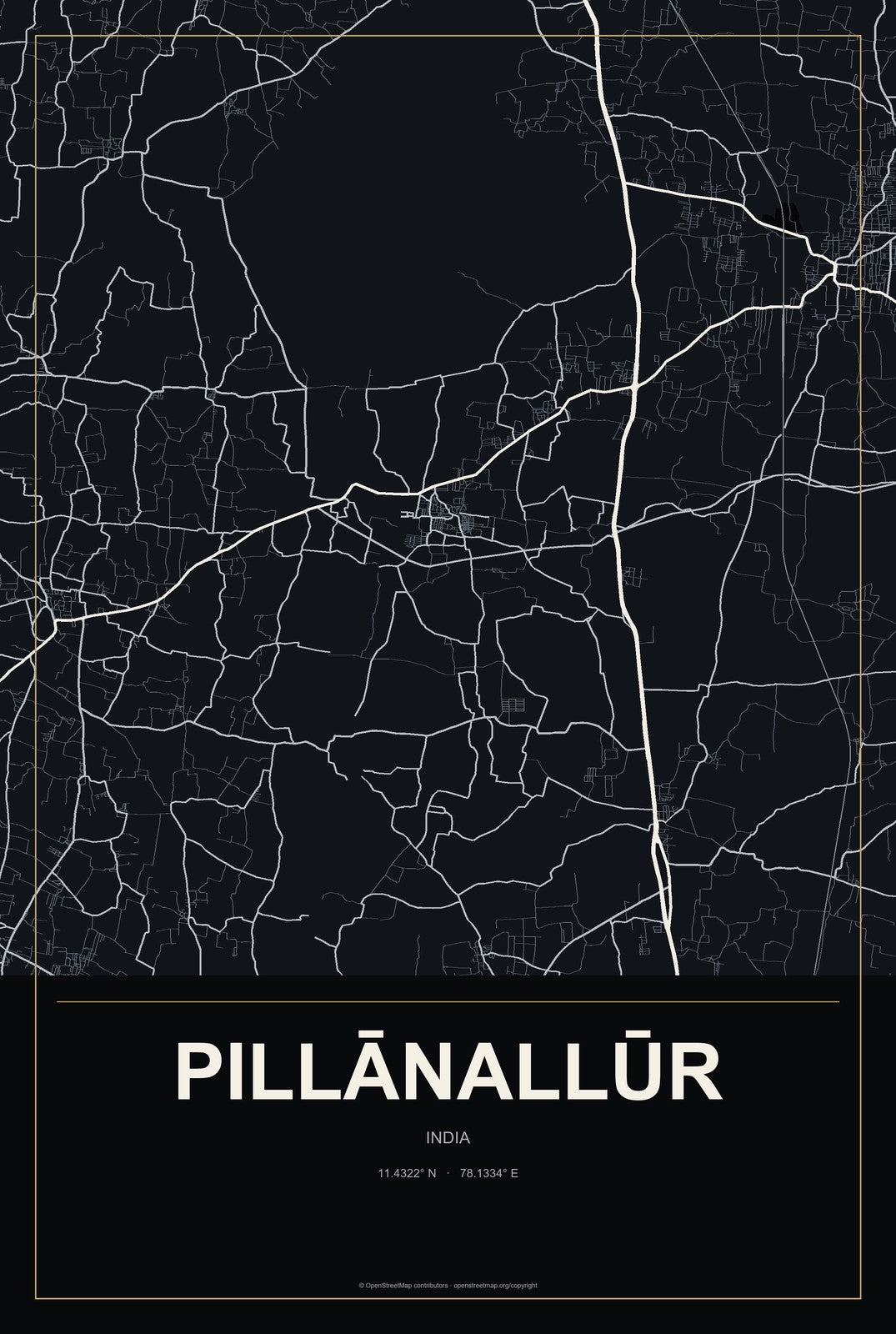 Pillānallūr, India City Map Aluminum Sign in Metropolitan Noir style