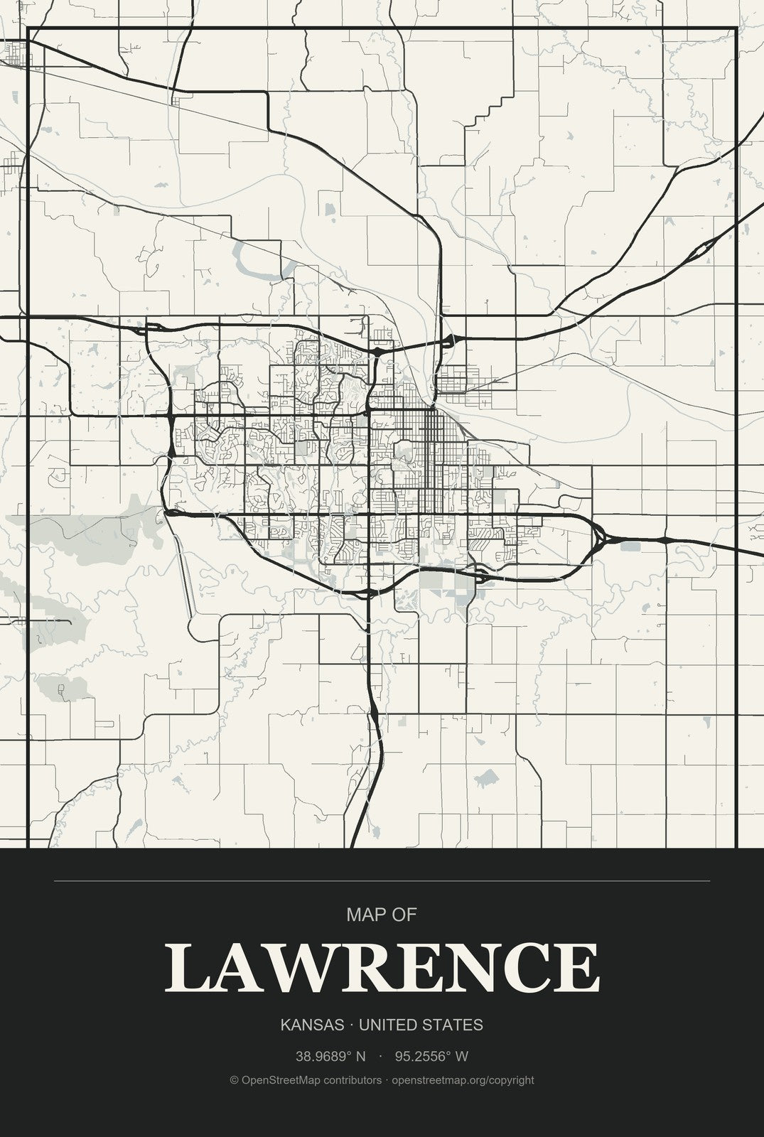 Lawrence, Kansas City Map Aluminum Sign in Museum Plaque style