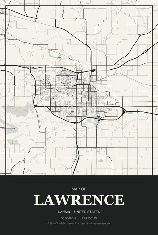 Lawrence, Kansas City Map Aluminum Sign in Museum Plaque style