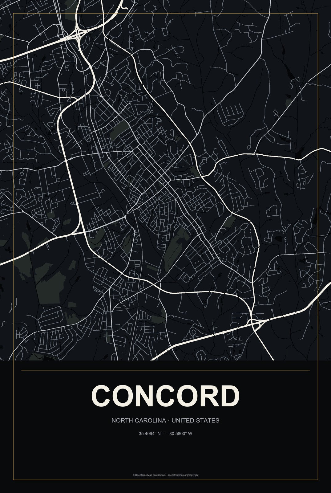 Concord, North Carolina City Map Aluminum Sign in Metropolitan Noir style