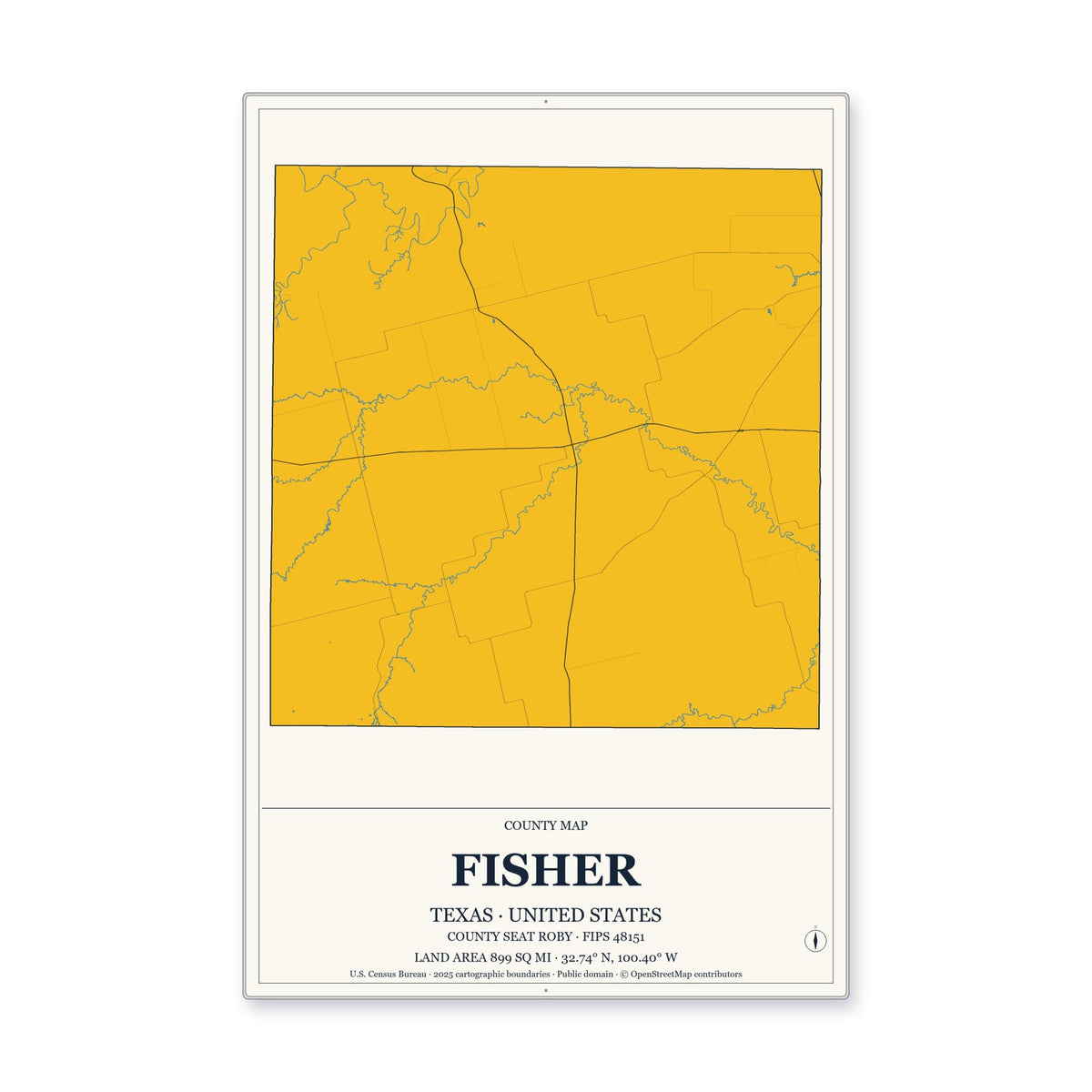 Fisher County, Texas Map Aluminum Sign in Citrine Modern style