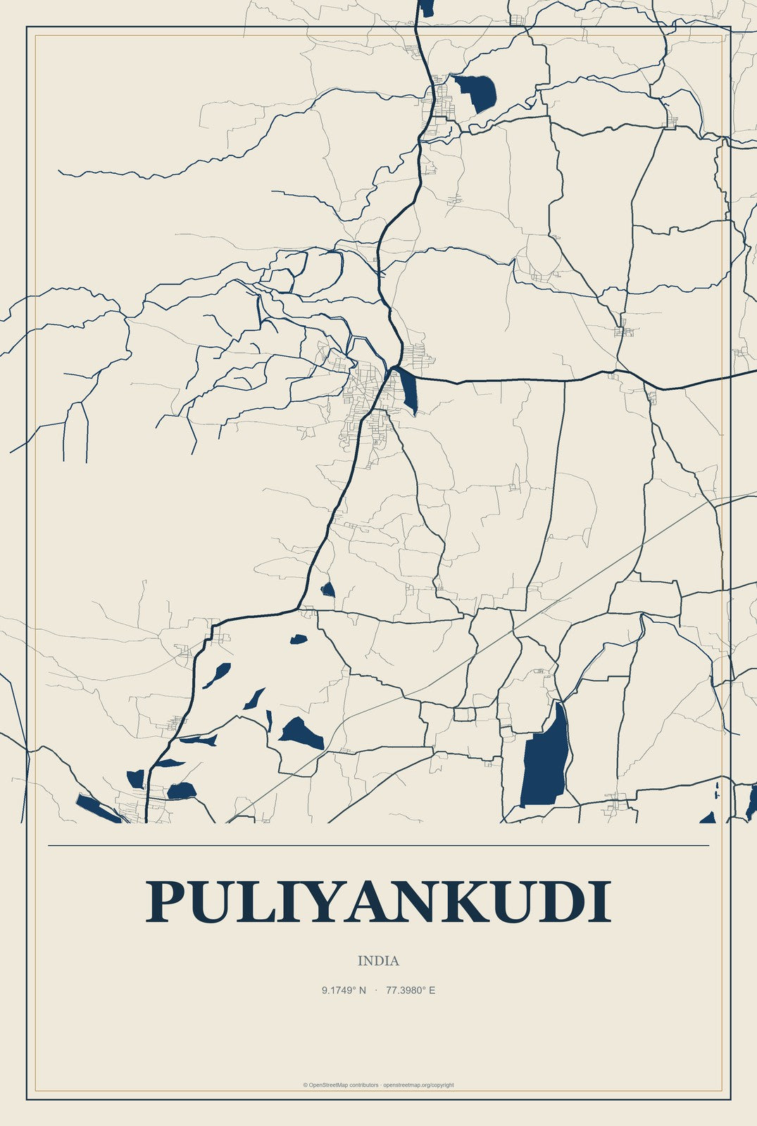 Puliyankudi, India City Map Aluminum Sign in Coastal Cutout style