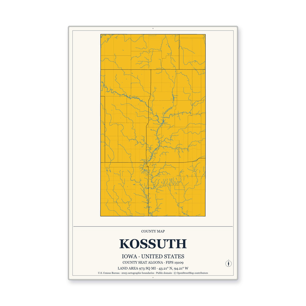 Kossuth County, Iowa Map Aluminum Sign in Citrine Modern style
