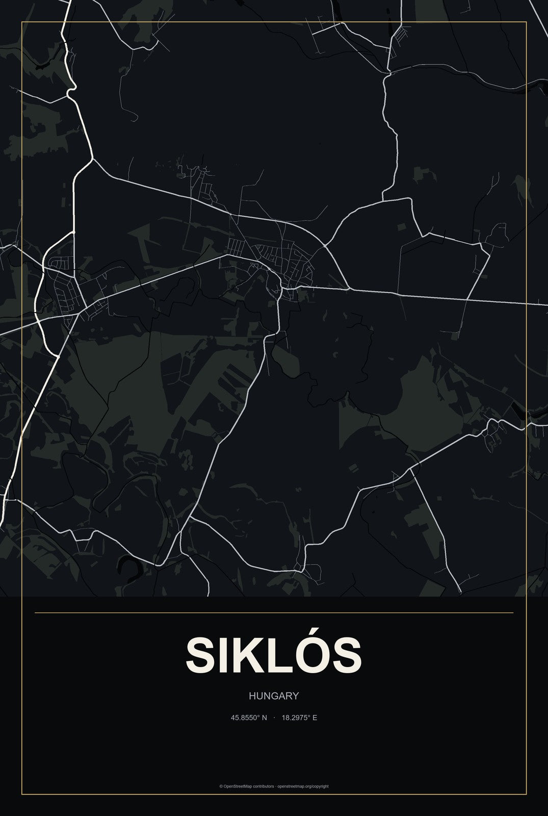 Siklós, Hungary City Map Aluminum Sign in Metropolitan Noir style