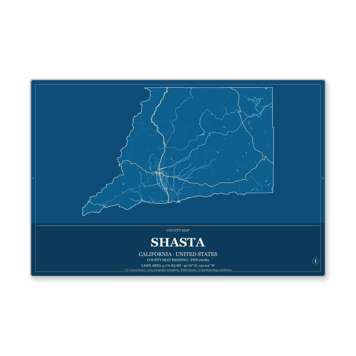 Shasta County, California Map Aluminum Sign in Harbor Cobalt style