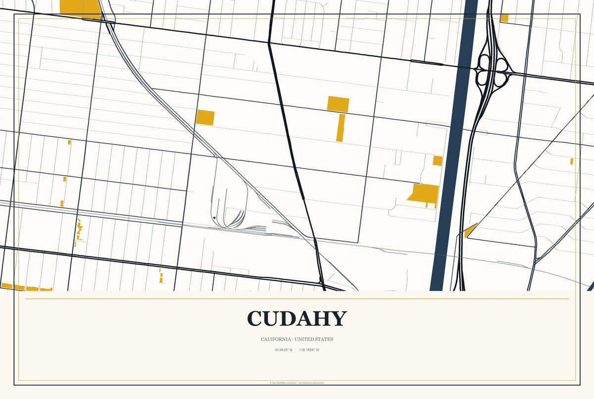 Cudahy, California City Map Aluminum Sign in Citrine Modern style