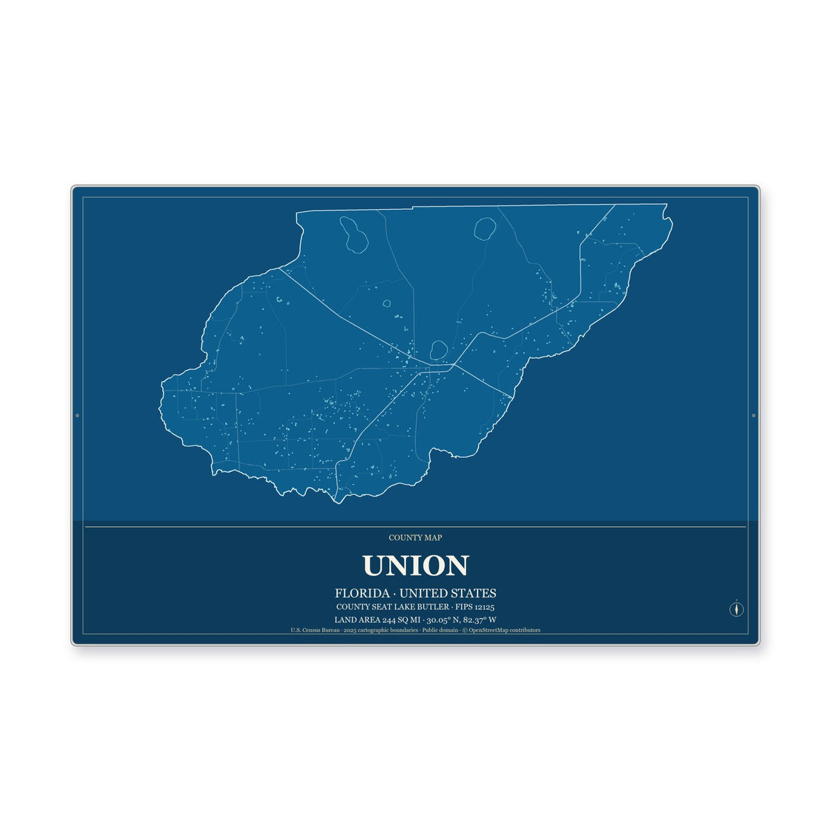Union County, Florida Map Aluminum Sign in Harbor Cobalt style