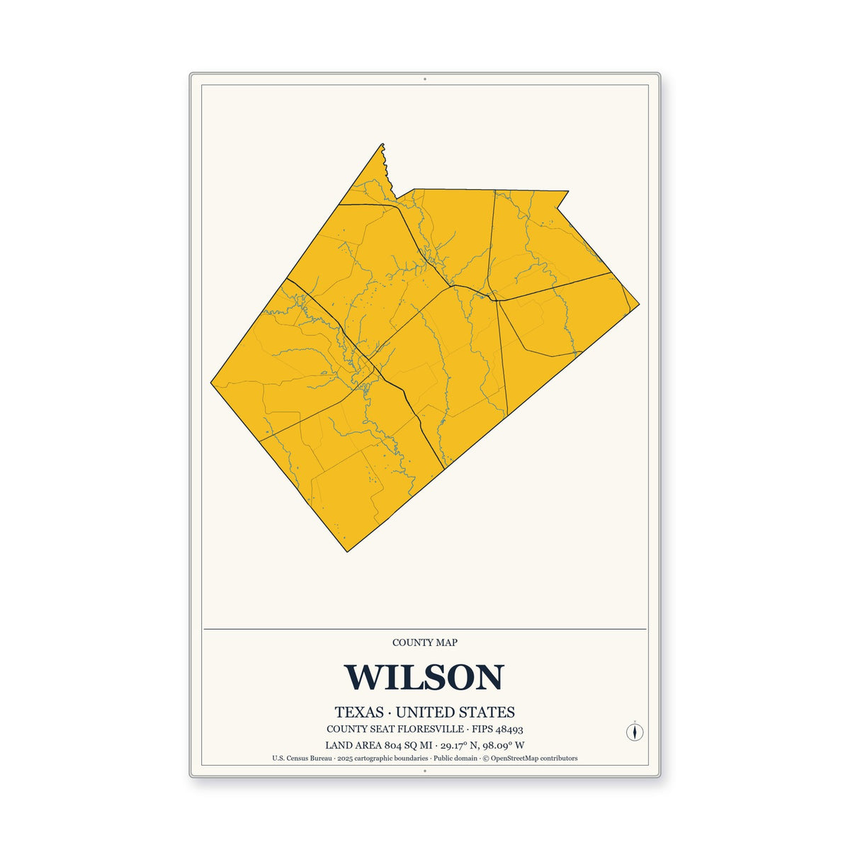 Wilson County, Texas Map Aluminum Sign in Citrine Modern style