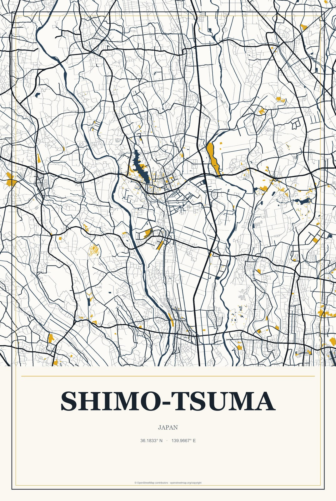 Shimo-tsuma, Japan City Map Aluminum Sign in Citrine Modern style