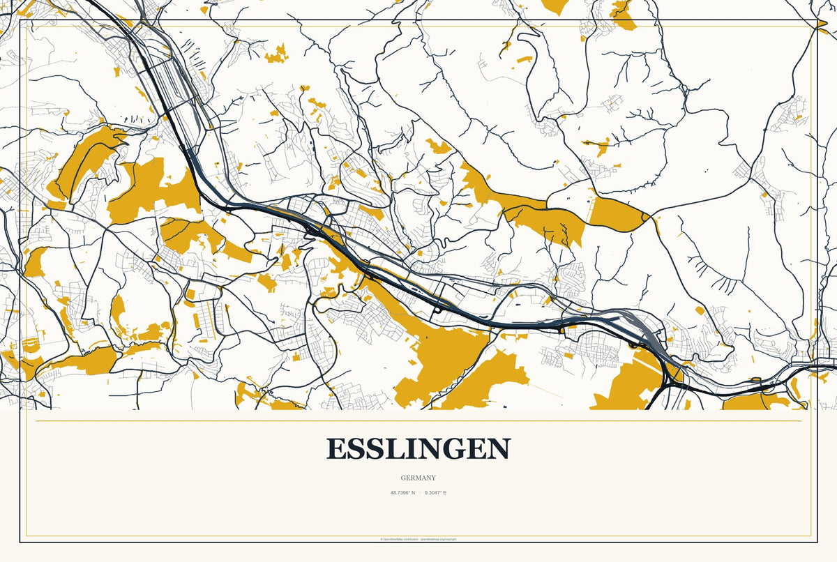 Esslingen, Germany City Map Aluminum Sign in Citrine Modern style