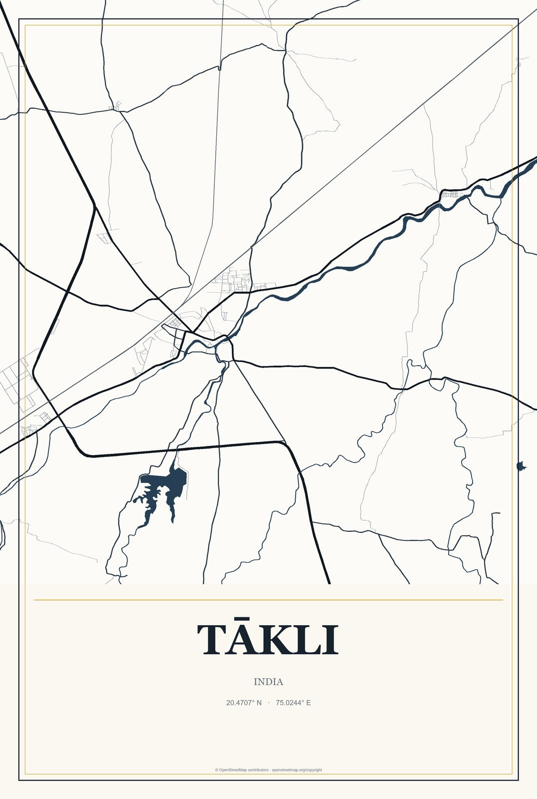 Tākli, India City Map Aluminum Sign in Citrine Modern style