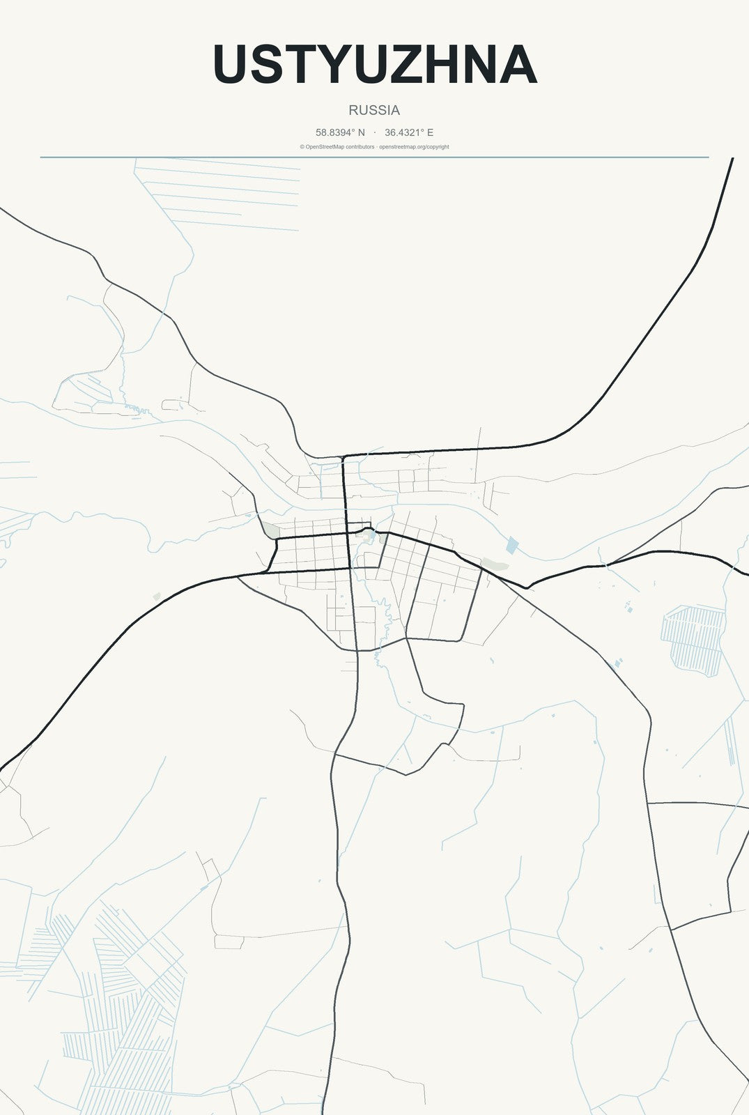 Ustyuzhna, Russia City Map Aluminum Sign in Headline Atlas style
