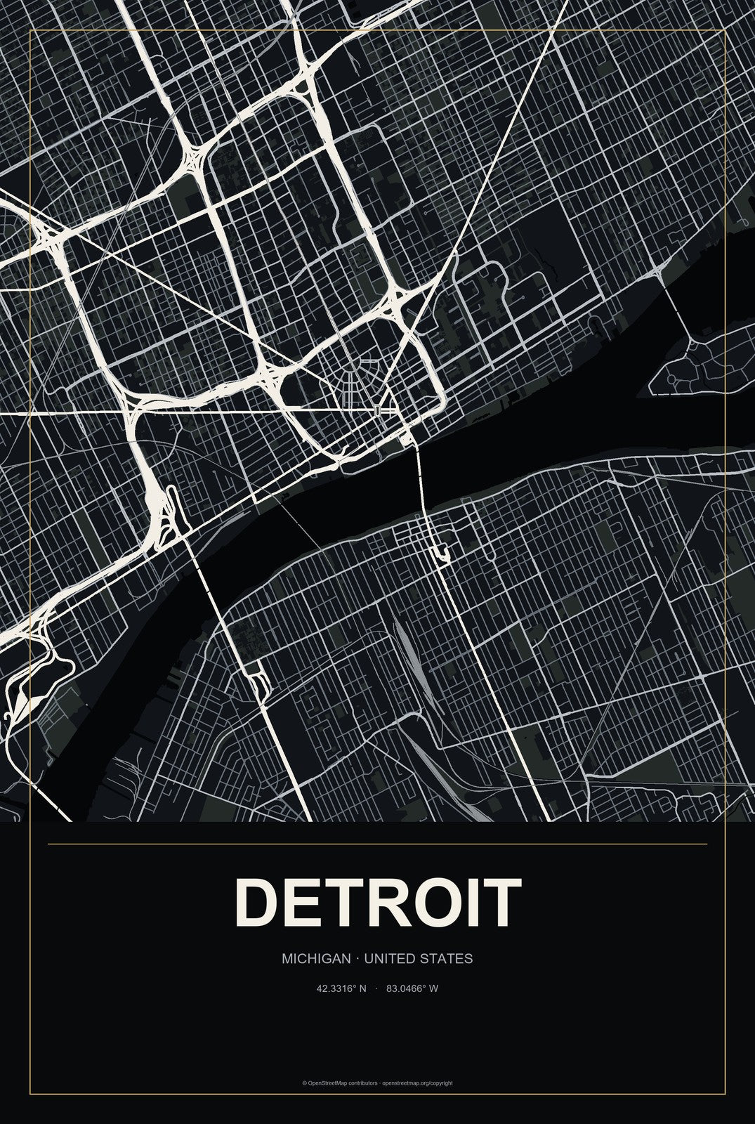 Detroit, Michigan City Map Aluminum Sign in Metropolitan Noir style
