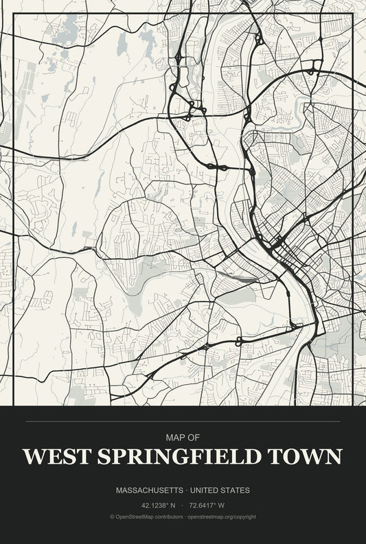 West Springfield Town, Massachusetts City Map Aluminum Sign in Museum Plaque style