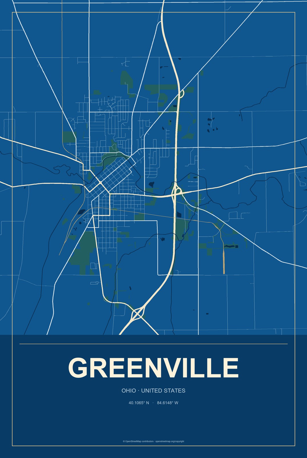 Greenville, Ohio City Map Aluminum Sign in Harbor Cobalt style