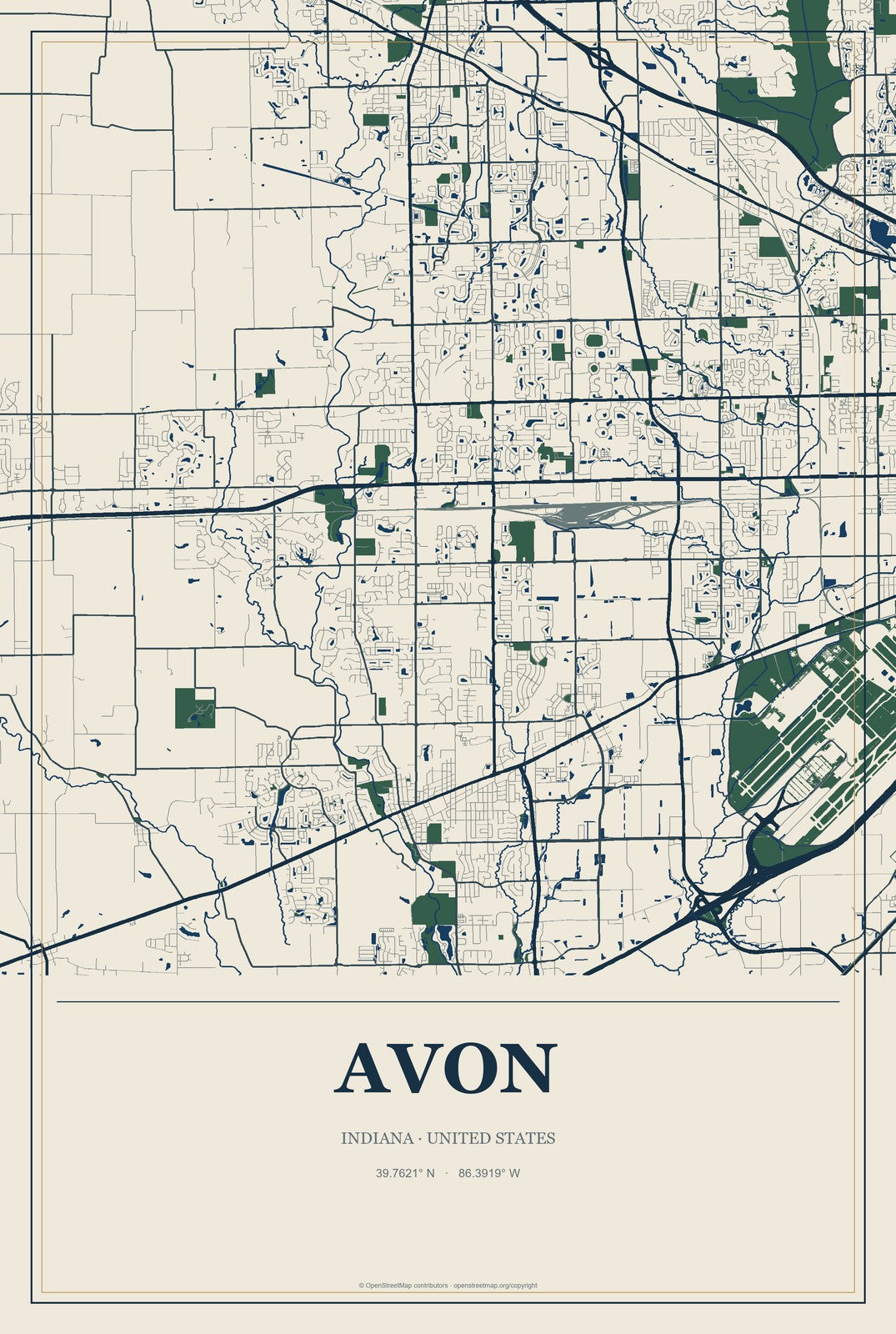 Avon, Indiana City Map Aluminum Sign in Coastal Cutout style