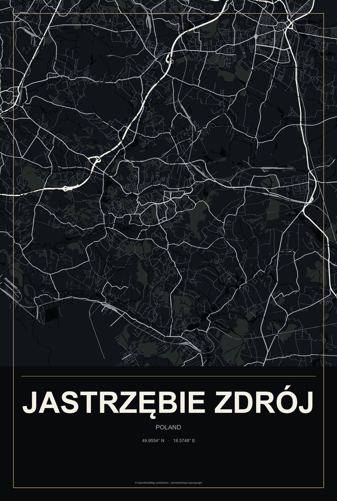 Jastrzębie Zdrój, Poland City Map Aluminum Sign in Metropolitan Noir style