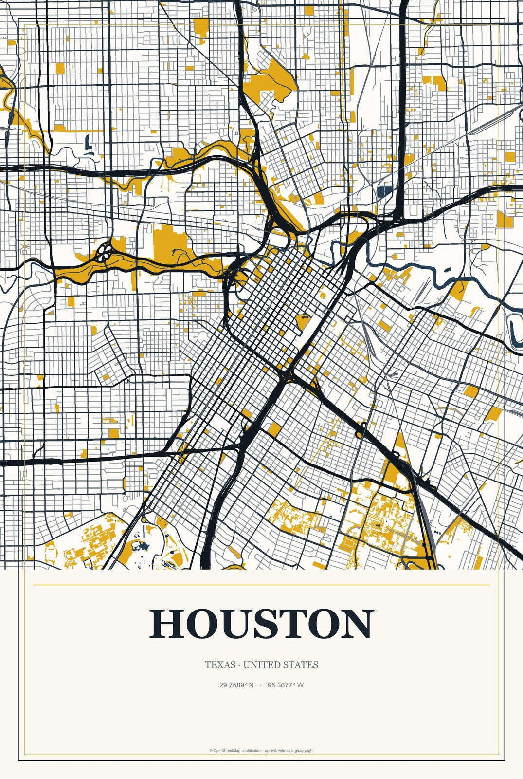 Houston, Texas City Map Aluminum Sign in Citrine Modern style