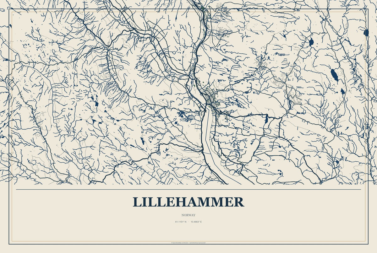 Lillehammer, Norway City Map Aluminum Sign in Coastal Cutout style