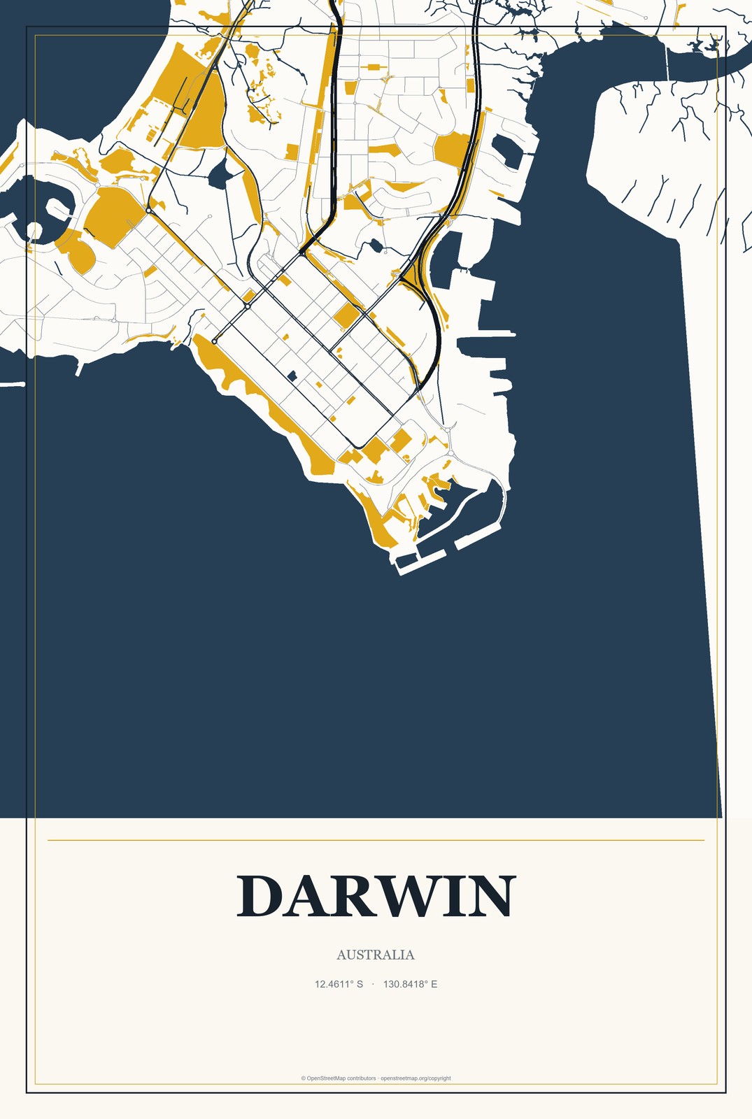 Darwin, Australia City Map Aluminum Sign in Citrine Modern style