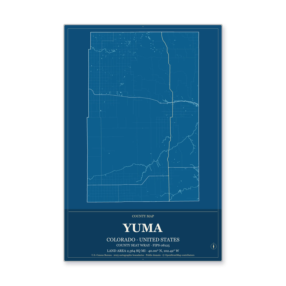 Yuma County, Colorado Map Aluminum Sign in Harbor Cobalt style